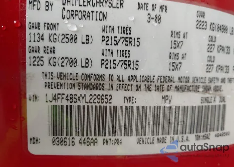 2000 Jeep Cherokee Sport из США, поврежденный, VIN 1J4FF48SXYL229652